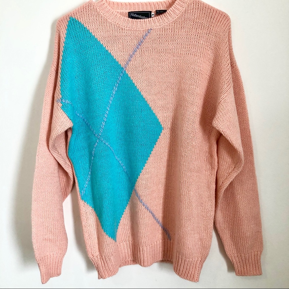Vintage Baby Pink Pastel Argyle Knit Sweater